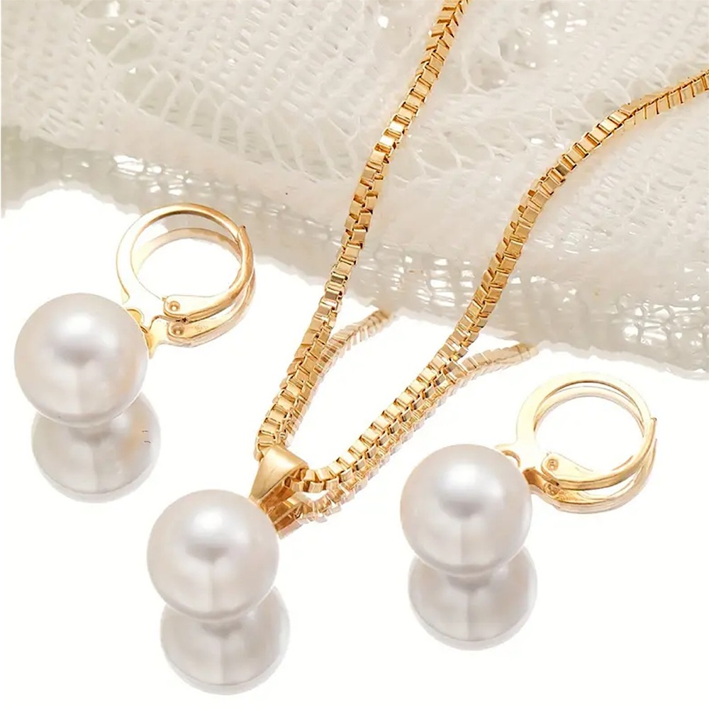 Gold Pearl Pendant Necklace and Hoop Earrings Set - White Pearls